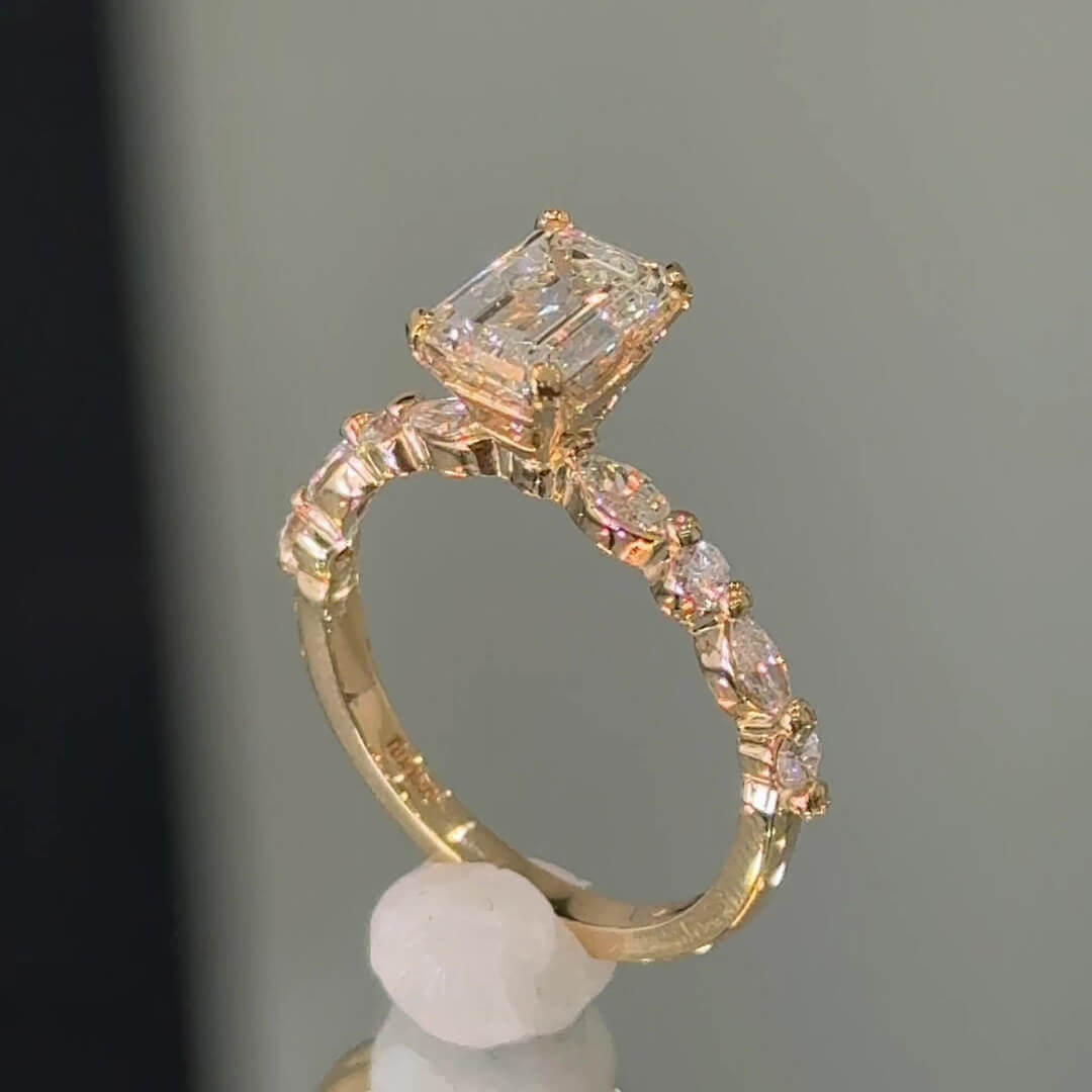 Emerald Cut Diamond White Yellow Gold Sterling Silver Classic Engagement Ring