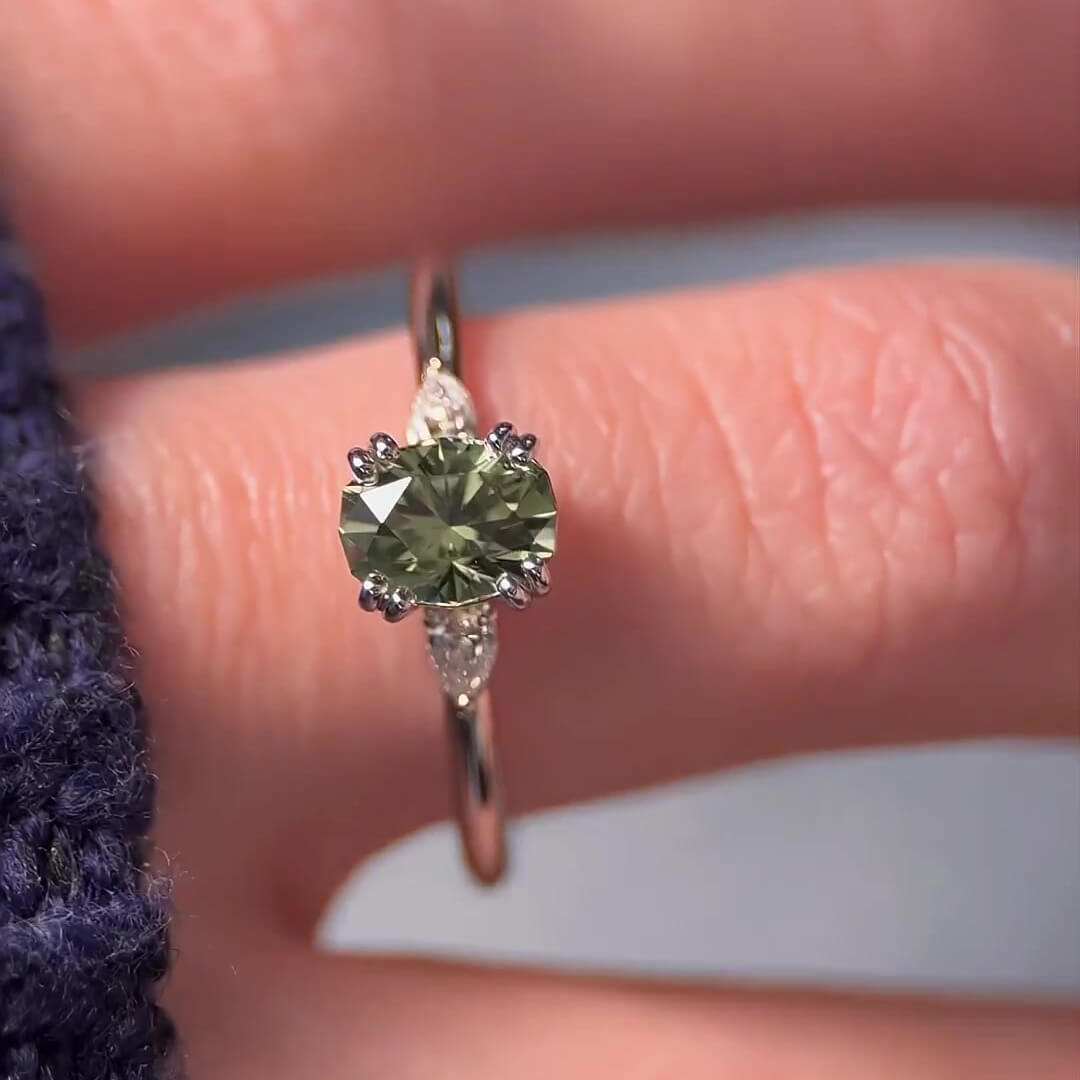 Oval Cut Peridot Green Sterling Silver 3-Stone Engagement Ring