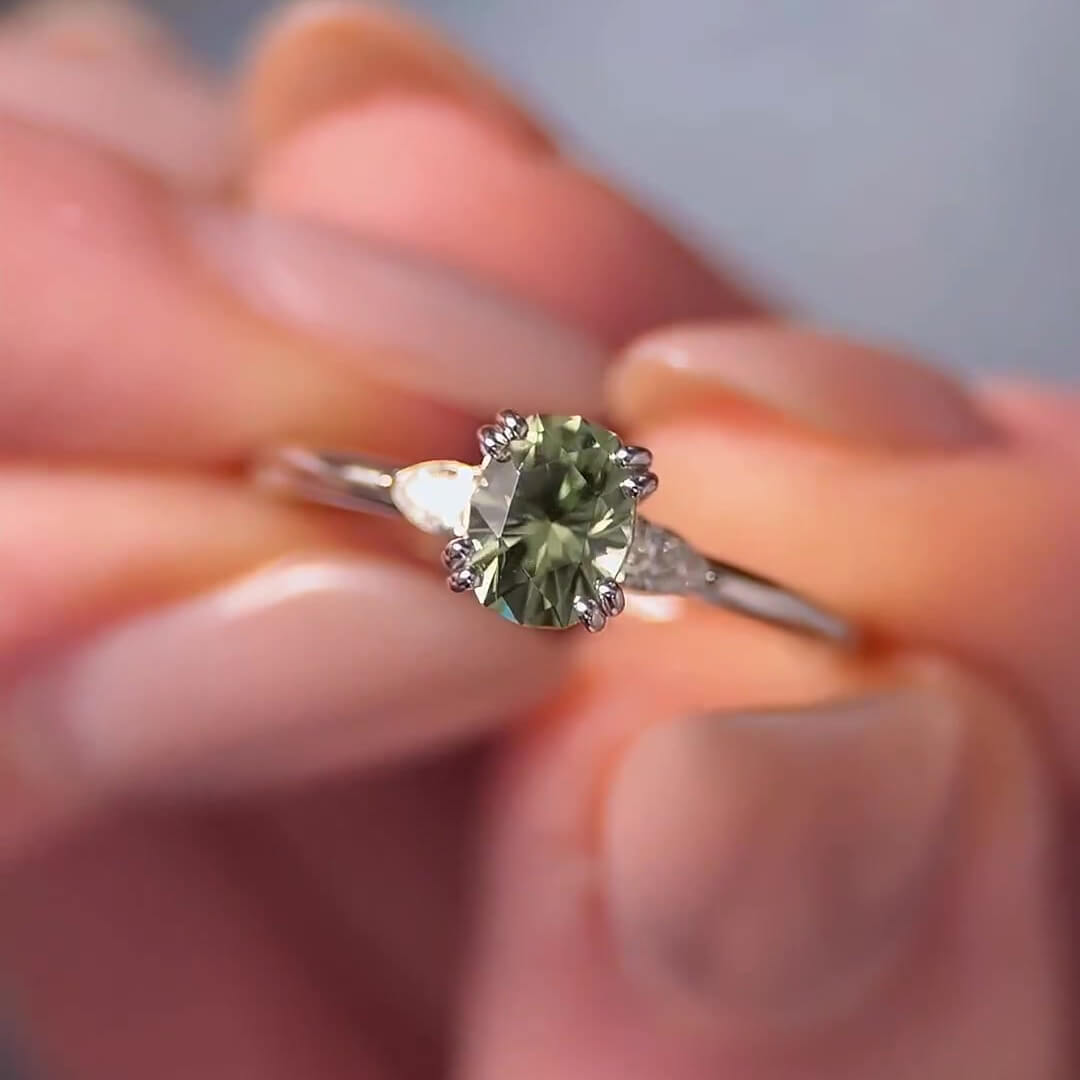 Oval Cut Peridot Green Sterling Silver 3-Stone Engagement Ring