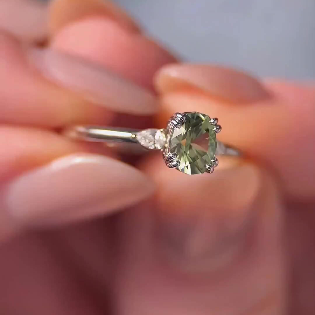 Oval Cut Peridot Green Sterling Silver 3-Stone Engagement Ring