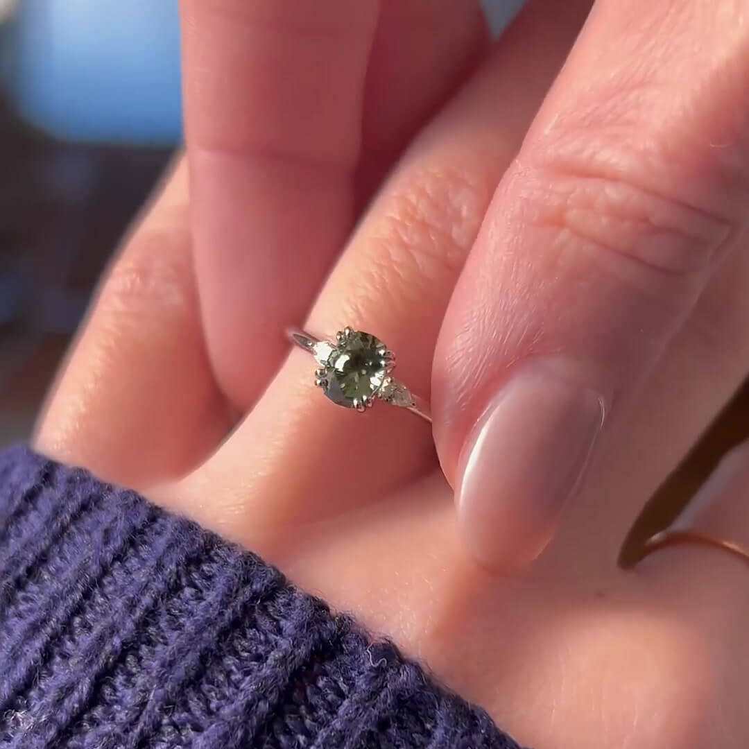 Oval Cut Peridot Green Sterling Silver 3-Stone Engagement Ring