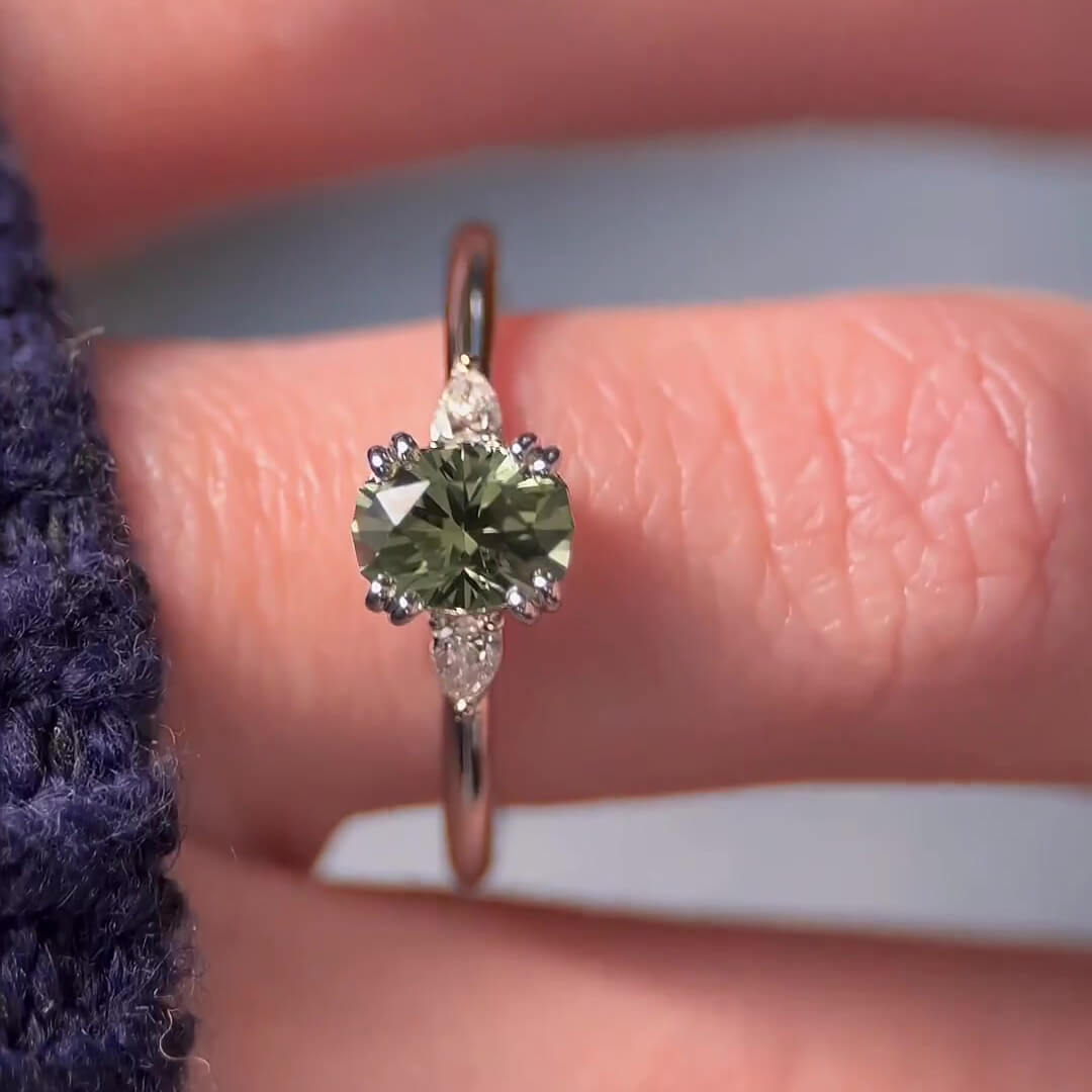 Oval Cut Peridot Green Sterling Silver 3-Stone Engagement Ring