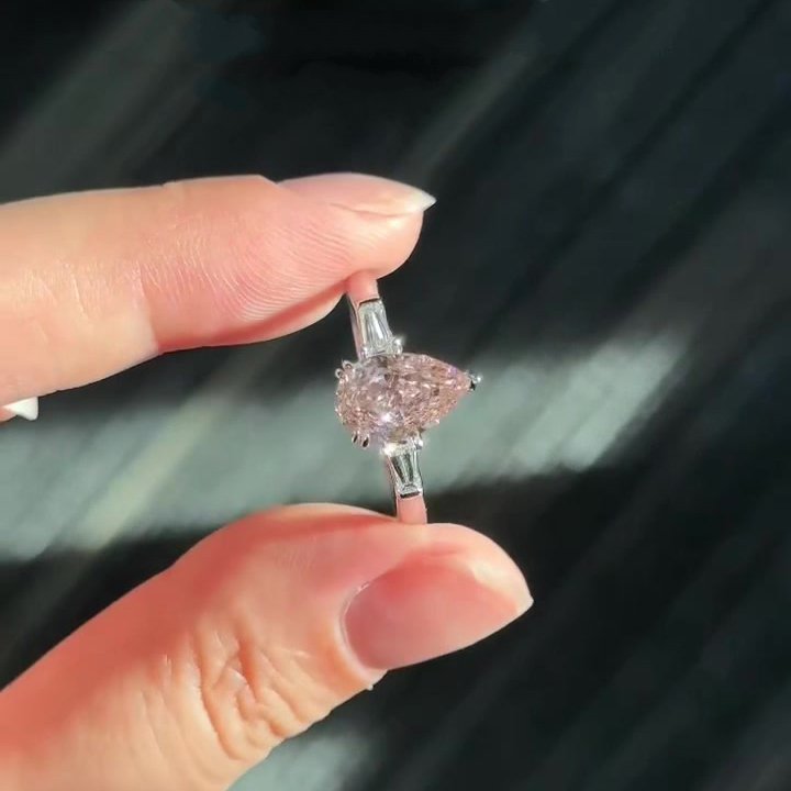 Pear Cut Fancy Pink Sterling Silver 3-Stone Engagement Ring