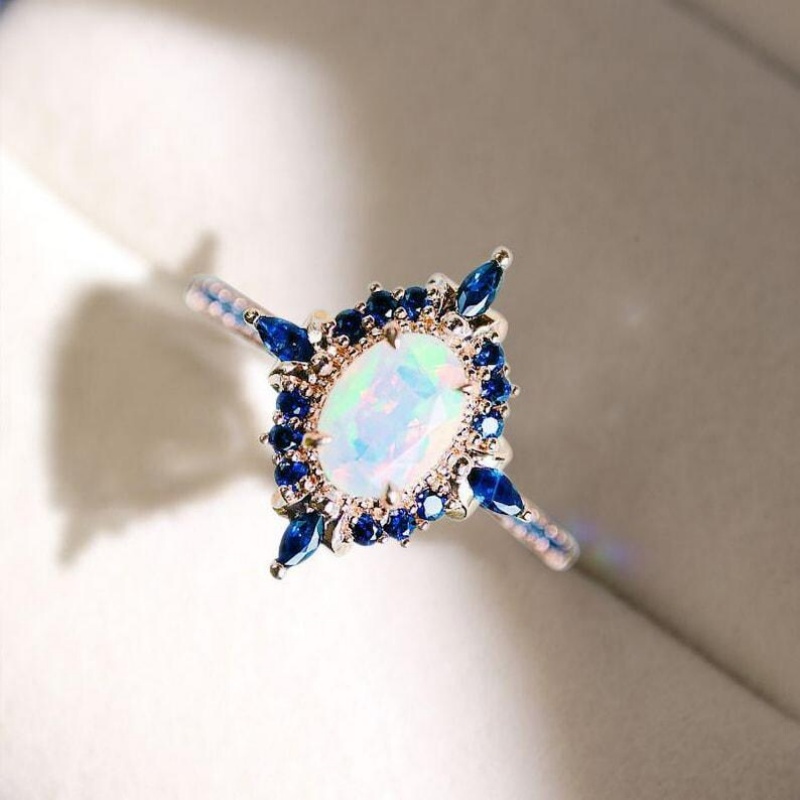 Oval Cut Opal 925 Sterling Silver Rose Gold Halo Engagement Ring