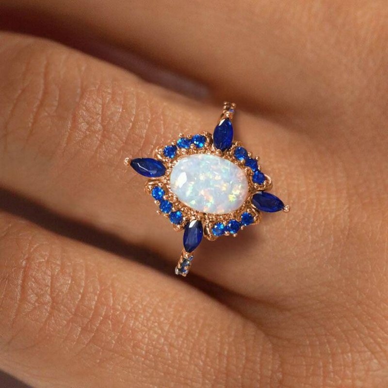 Oval Cut Opal 925 Sterling Silver Rose Gold Halo Engagement Ring