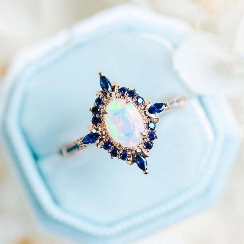 Oval Cut Opal 925 Sterling Silver Rose Gold Halo Engagement Ring