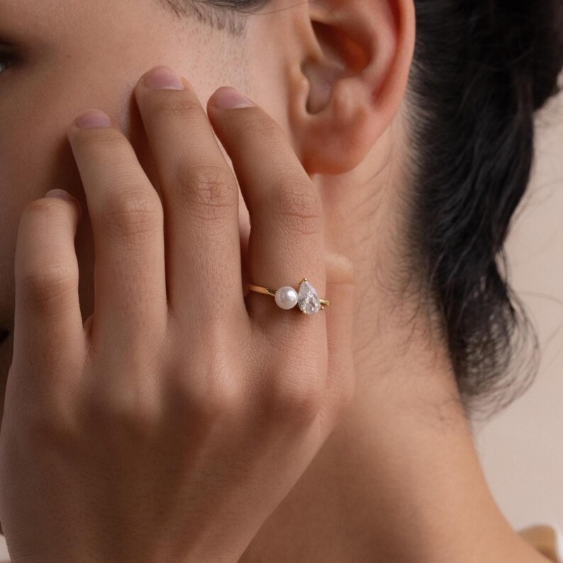 Pear Cut Diamond White & Pearl Yellow Gold Sterling Silver Toi et Moi Ring