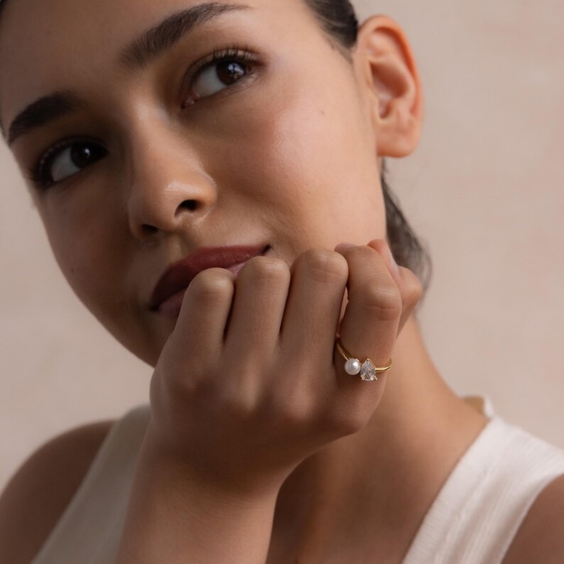 Pear Cut Diamond White & Pearl Yellow Gold Sterling Silver Toi et Moi Ring