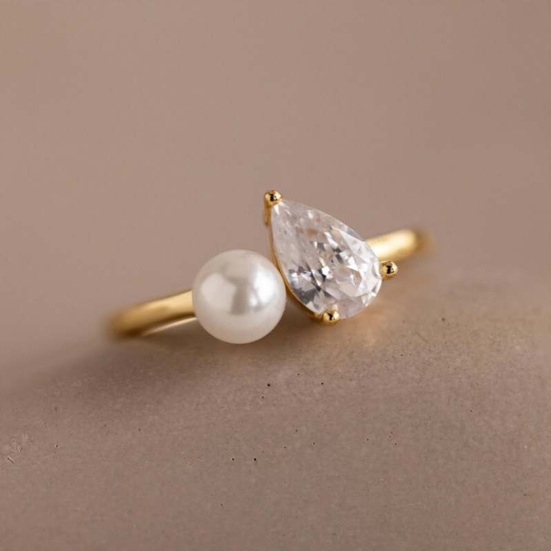 Pear Cut Diamond White & Pearl Yellow Gold Sterling Silver Toi et Moi Ring