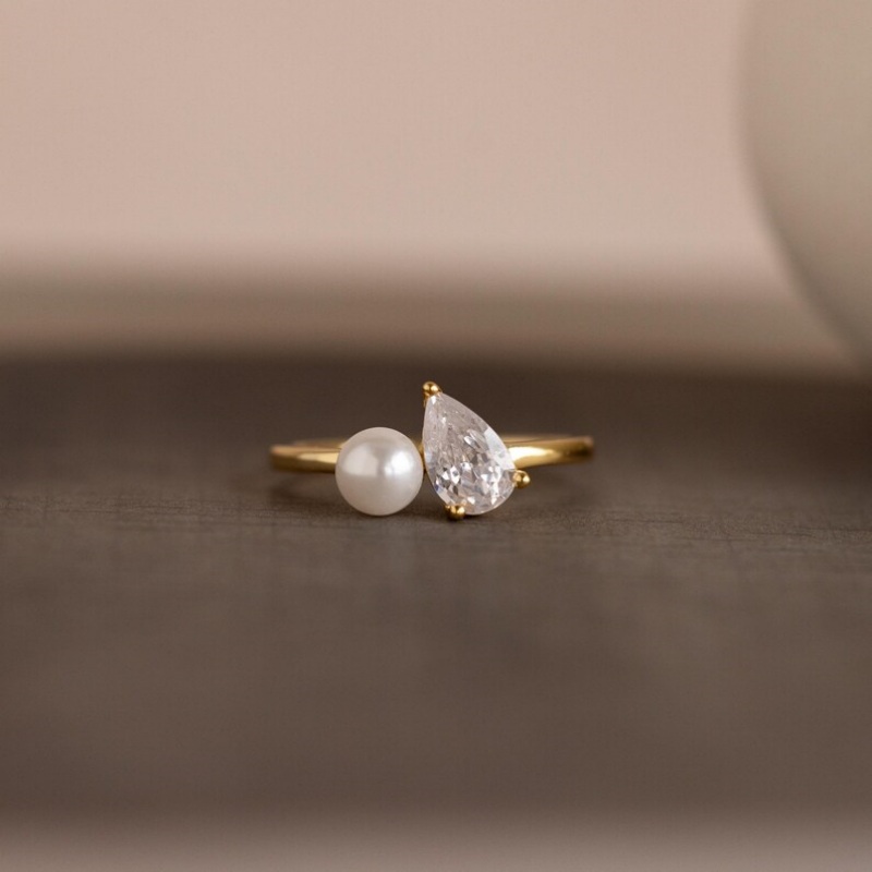 Pear Cut Diamond White & Pearl Yellow Gold Sterling Silver Toi et Moi Ring