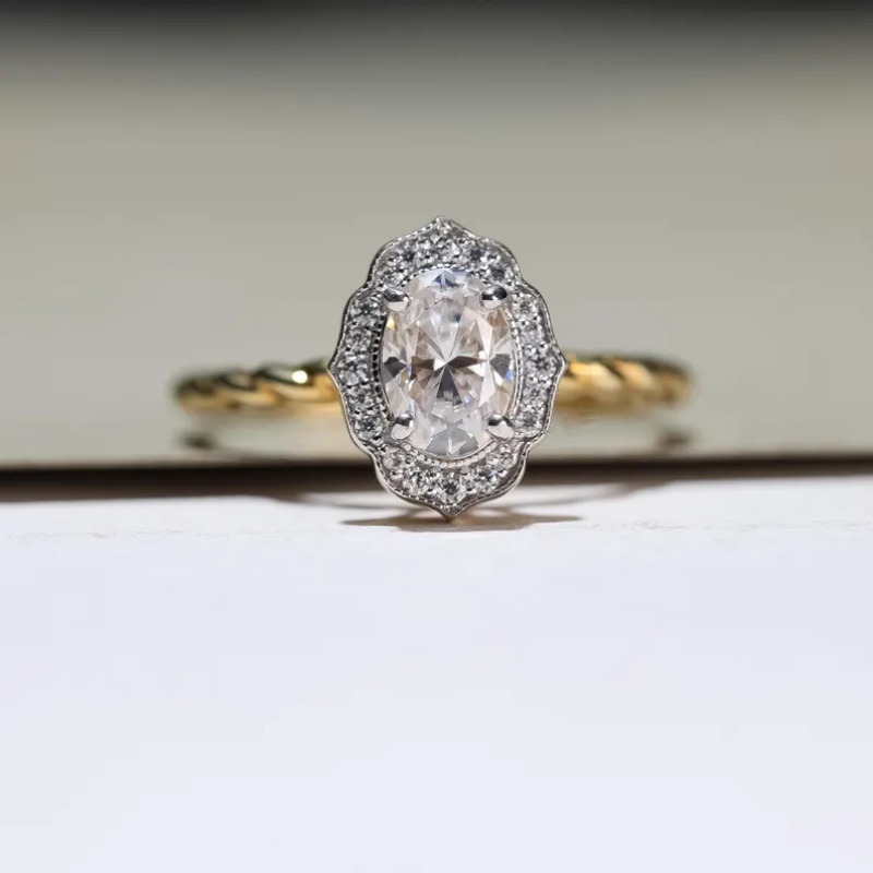 Vintage Oval Cut Diamond White 925 Sterling Silver Yellow Gold Twisted Halo Engagement Ring