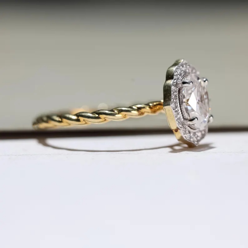 Vintage Oval Cut Diamond White 925 Sterling Silver Yellow Gold Twisted Halo Engagement Ring