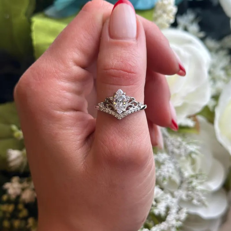 Art Deco Marquise Cut Diamond White Sterling Silver Engagement Ring
