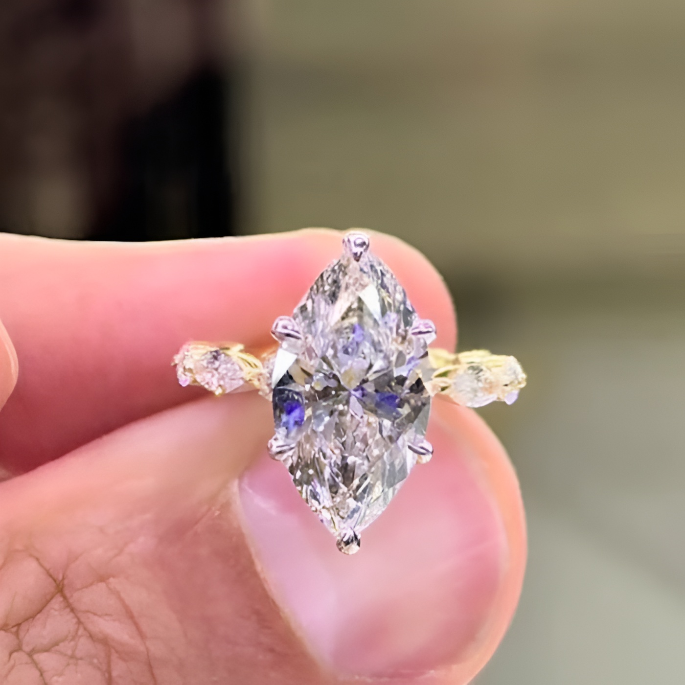 Marquise Cut Diamond White Sterling Silver Yellow Gold Hidden Halo Engagement Ring