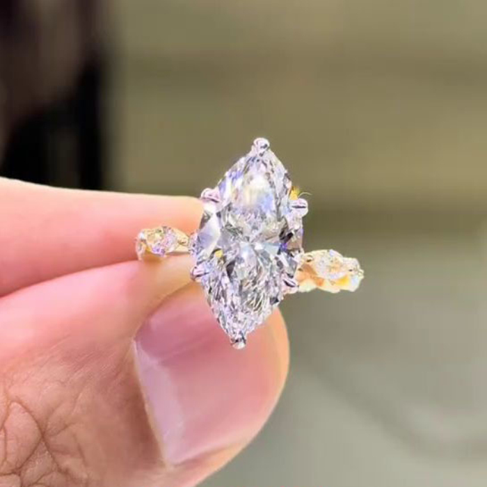 Marquise Cut Diamond White Sterling Silver Yellow Gold Hidden Halo Engagement Ring