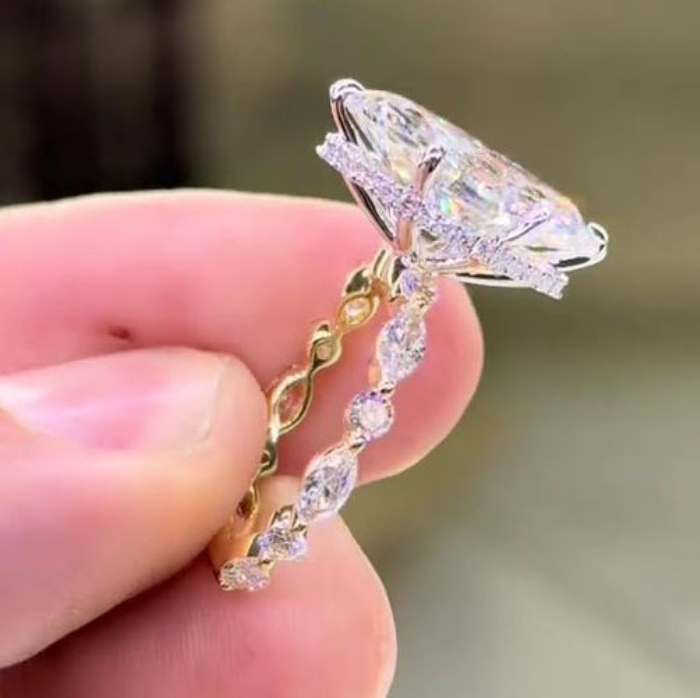 Marquise Cut Diamond White Sterling Silver Yellow Gold Hidden Halo Engagement Ring