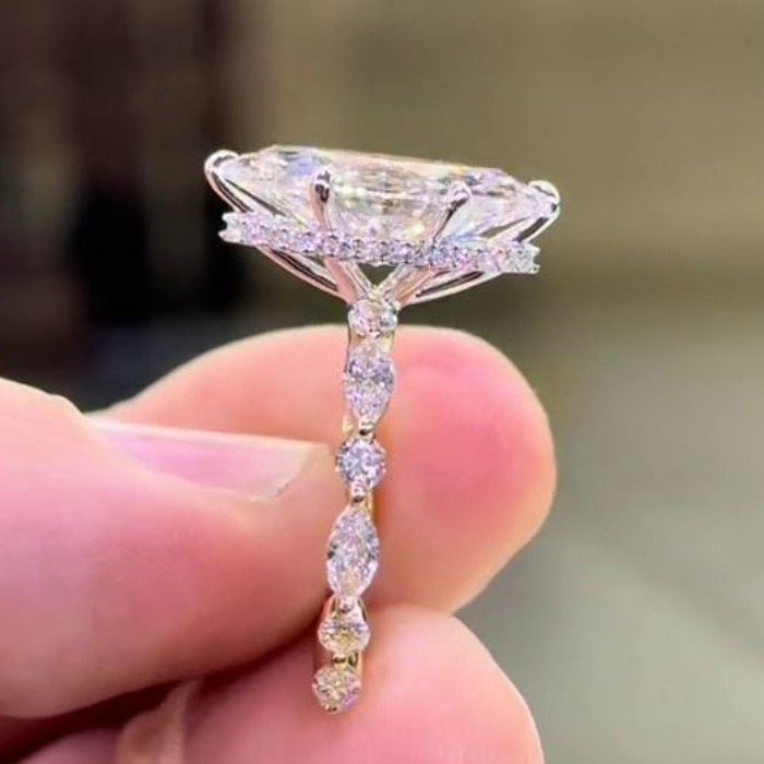 Marquise Cut Diamond White Sterling Silver Yellow Gold Hidden Halo Engagement Ring