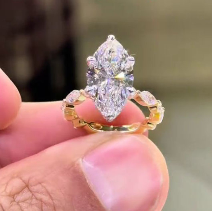 Marquise Cut Diamond White Sterling Silver Yellow Gold Hidden Halo Engagement Ring