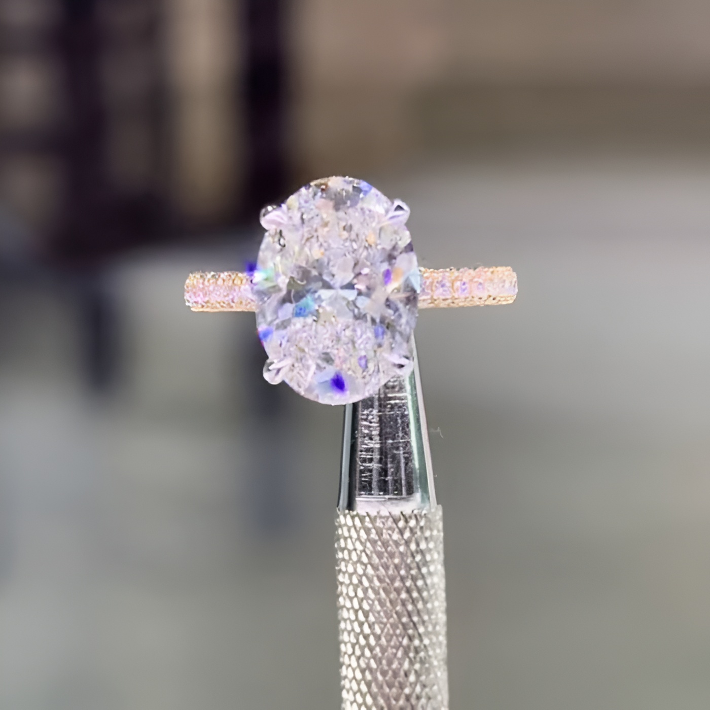 Oval Cut Diamond White Sterling Silver Yellow Gold Hidden Halo Engagement Ring