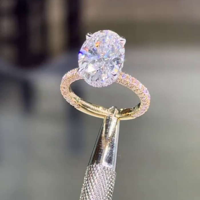 Oval Cut Diamond White Sterling Silver Yellow Gold Hidden Halo Engagement Ring