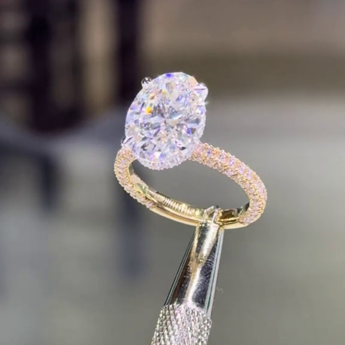 Oval Cut Diamond White Sterling Silver Yellow Gold Hidden Halo Engagement Ring