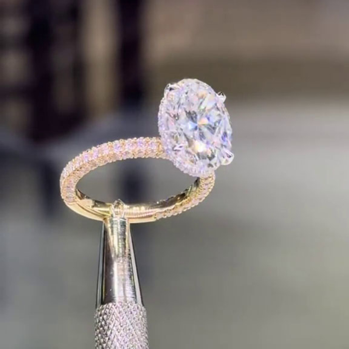 Oval Cut Diamond White Sterling Silver Yellow Gold Hidden Halo Engagement Ring