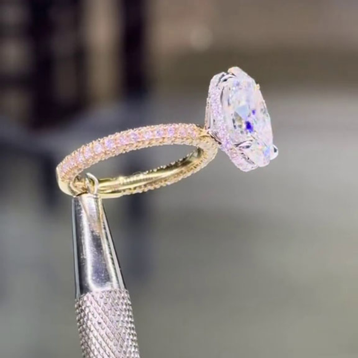 Oval Cut Diamond White Sterling Silver Yellow Gold Hidden Halo Engagement Ring