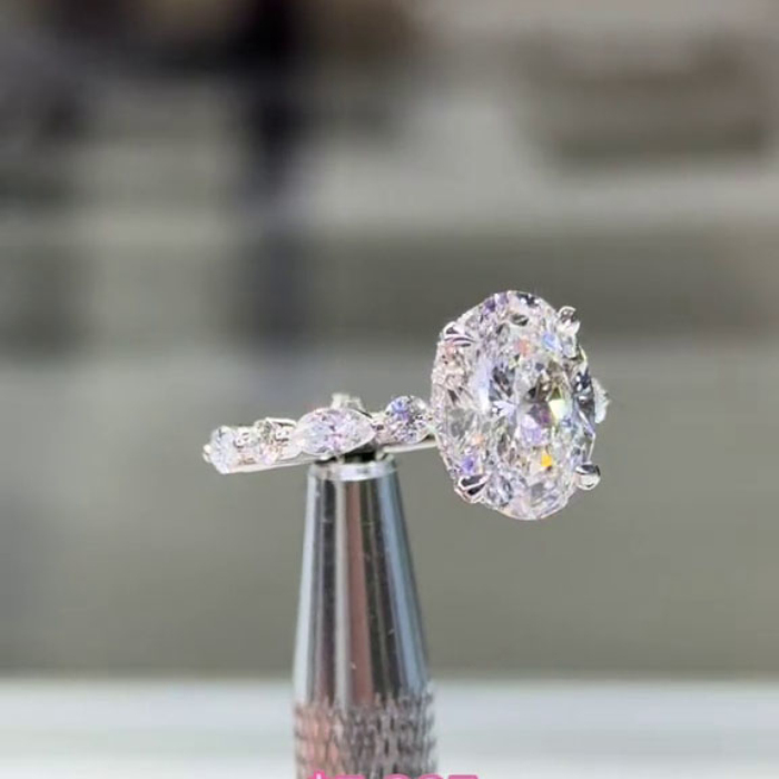 Oval Cut Diamond White Sterling Silver Hidden Halo Engagement Ring