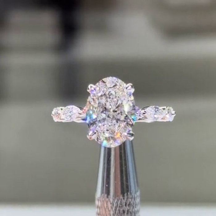 Oval Cut Diamond White Sterling Silver Hidden Halo Engagement Ring