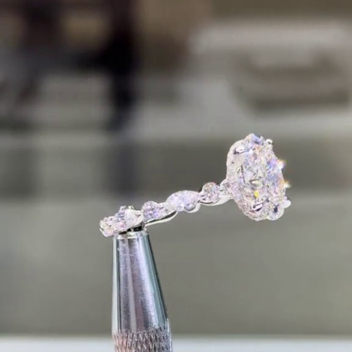 Oval Cut Diamond White Sterling Silver Hidden Halo Engagement Ring