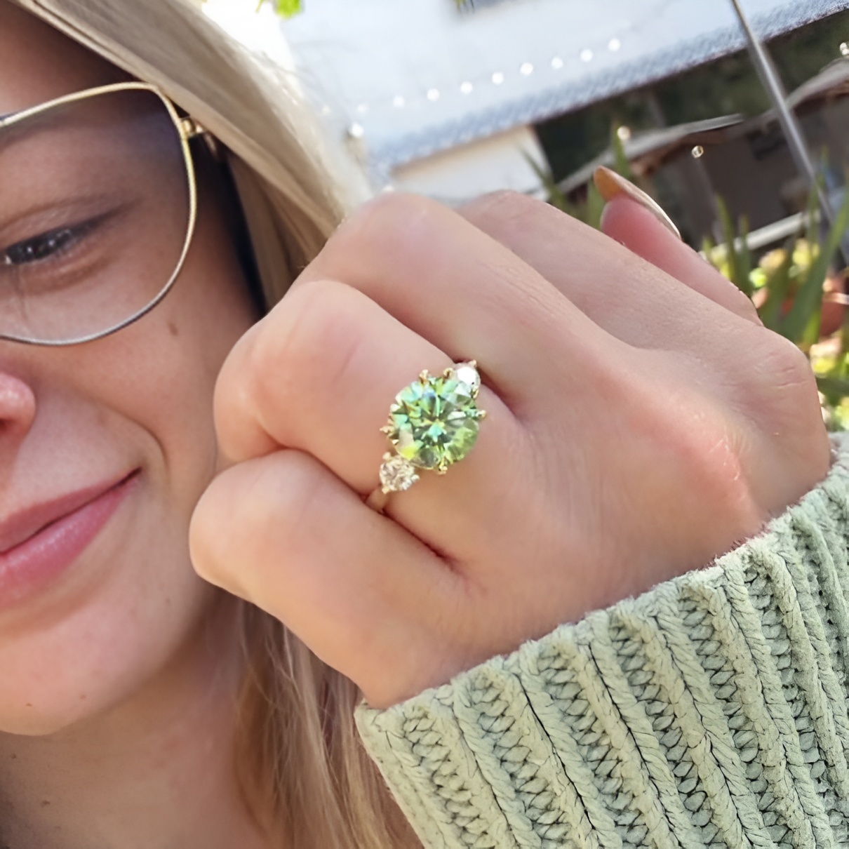 Round Cut Peridot Green Yellow Gold Sterling Silver 3-Stone Engagement Ring