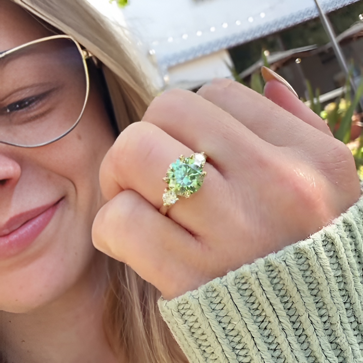 Round Cut Peridot Green Yellow Gold Sterling Silver 3-Stone Engagement Ring