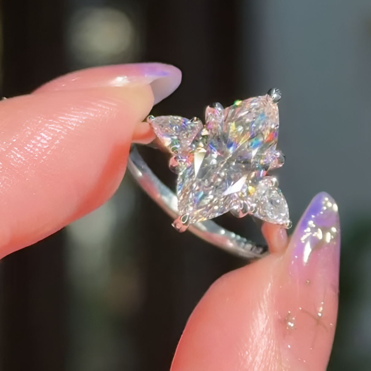 Marquise Cut Diamond White Sterling Silver 3-Stone Engagement Ring