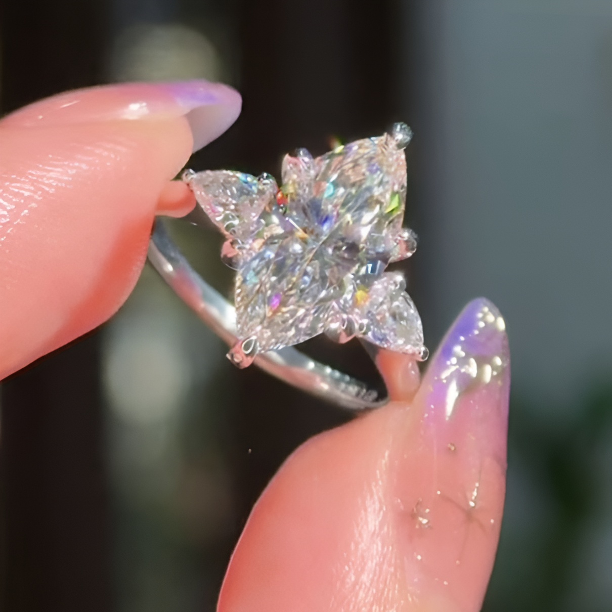 Marquise Cut Diamond White Sterling Silver 3-Stone Engagement Ring