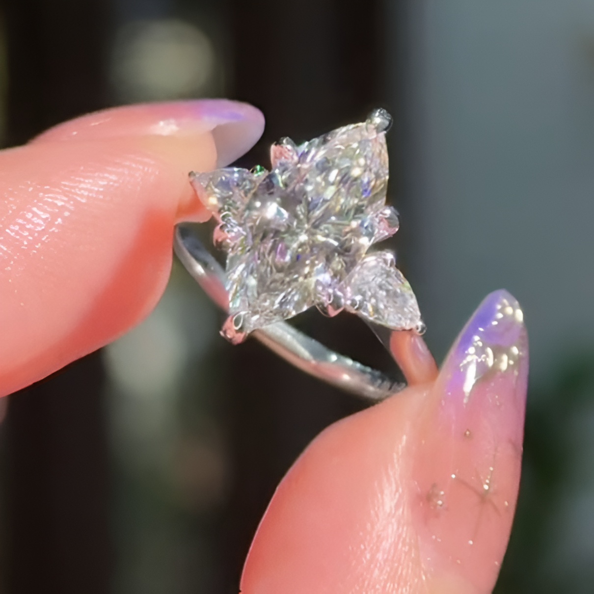 Marquise Cut Diamond White Sterling Silver 3-Stone Engagement Ring