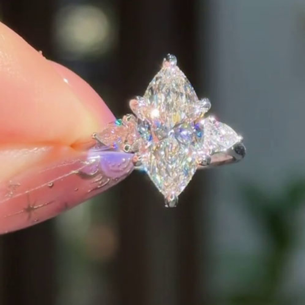 Marquise Cut Diamond White Sterling Silver 3-Stone Engagement Ring