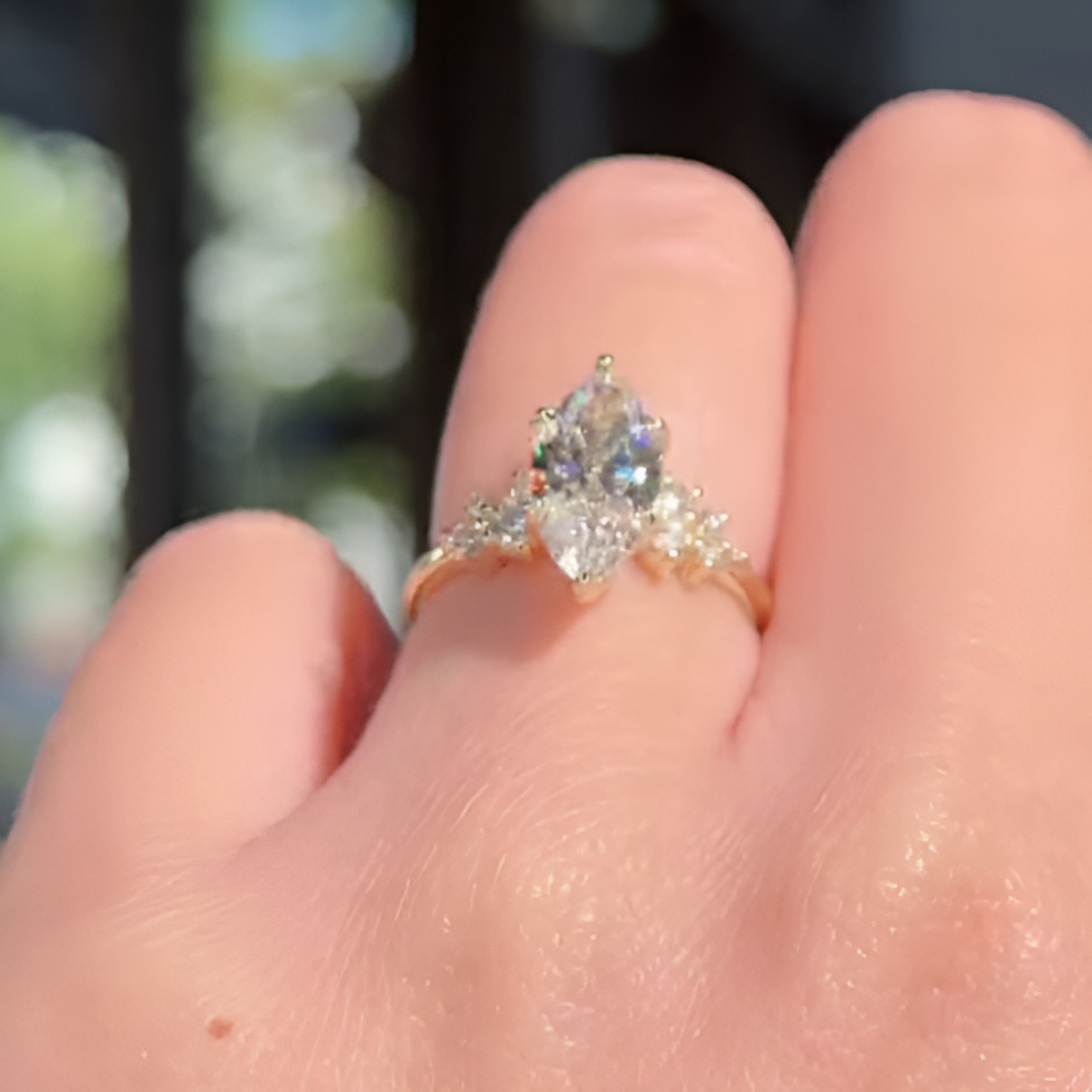 Marquise Cut Diamond White Yellow Gold Sterling Silver Art Deco Engagement Ring