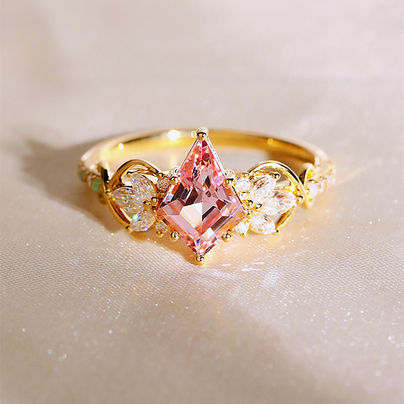 Kite Cut Fancy Pink Yellow Gold Sterling Silver Art Deco Engagement Ring