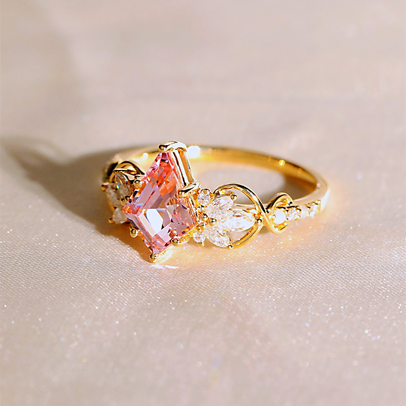 Kite Cut Fancy Pink Yellow Gold Sterling Silver Art Deco Engagement Ring