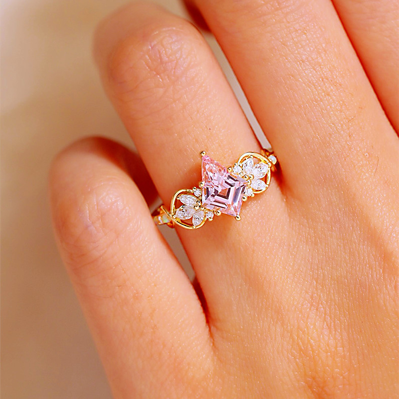 Kite Cut Fancy Pink Yellow Gold Sterling Silver Art Deco Engagement Ring