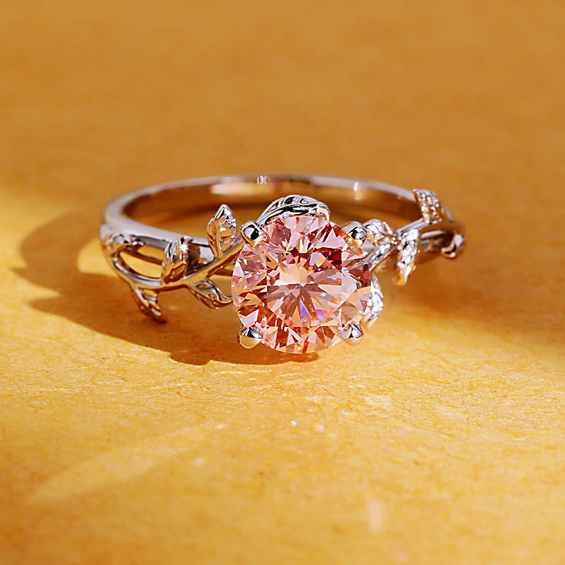 Round Cut Fancy Pink Sterling Silver Art Deco Nature Leaves Engagement Ring