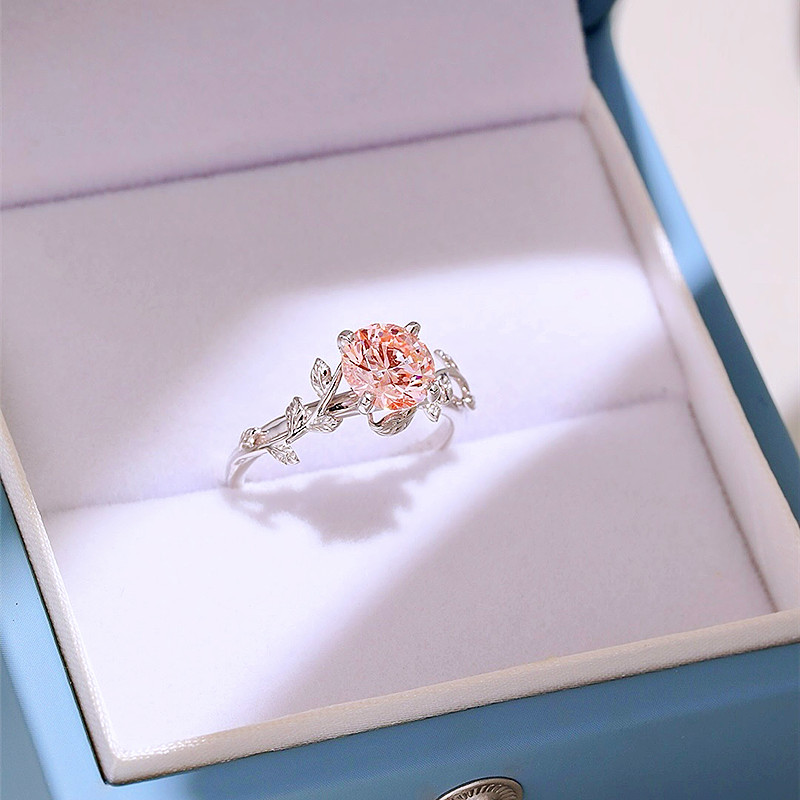 Round Cut Fancy Pink Sterling Silver Art Deco Nature Leaves Engagement Ring