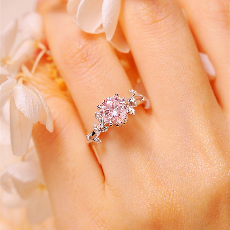 Round Cut Fancy Pink Sterling Silver Art Deco Nature Leaves Engagement Ring