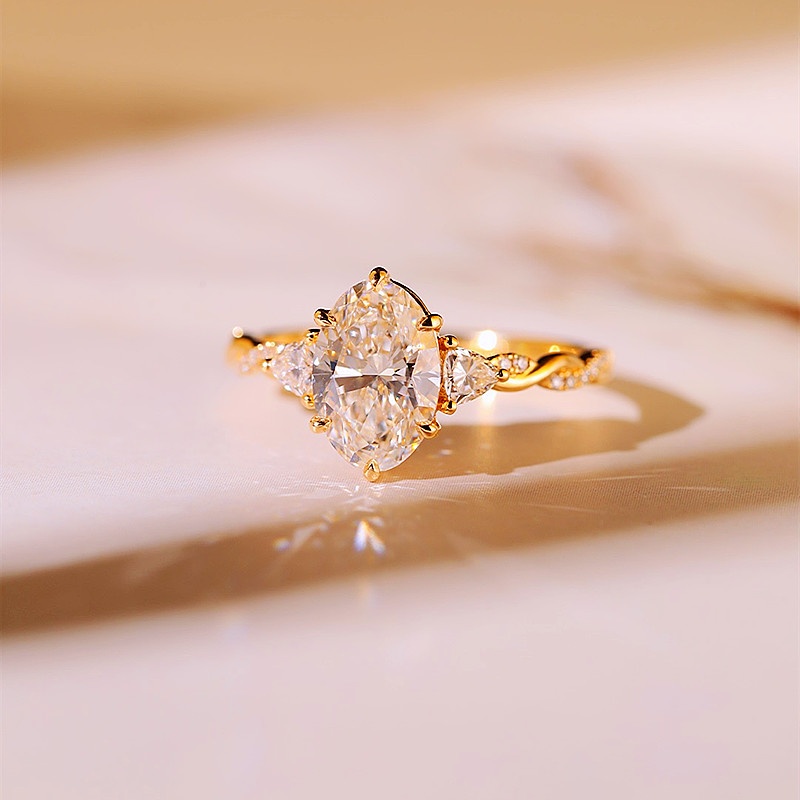 Oval Cut Diamond White Yellow Gold Sterling Silver Intertwined 3-Stone Engagement Ring