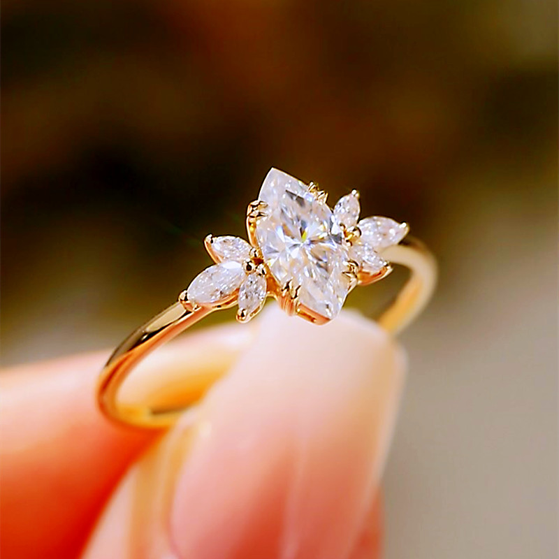 Marquise Cut Diamond White Yellow Gold Sterling Silver Art Deco Engagement Ring