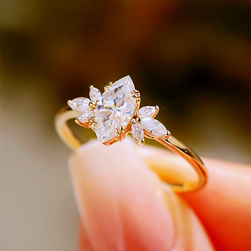 Marquise Cut Diamond White Yellow Gold Sterling Silver Art Deco Engagement Ring