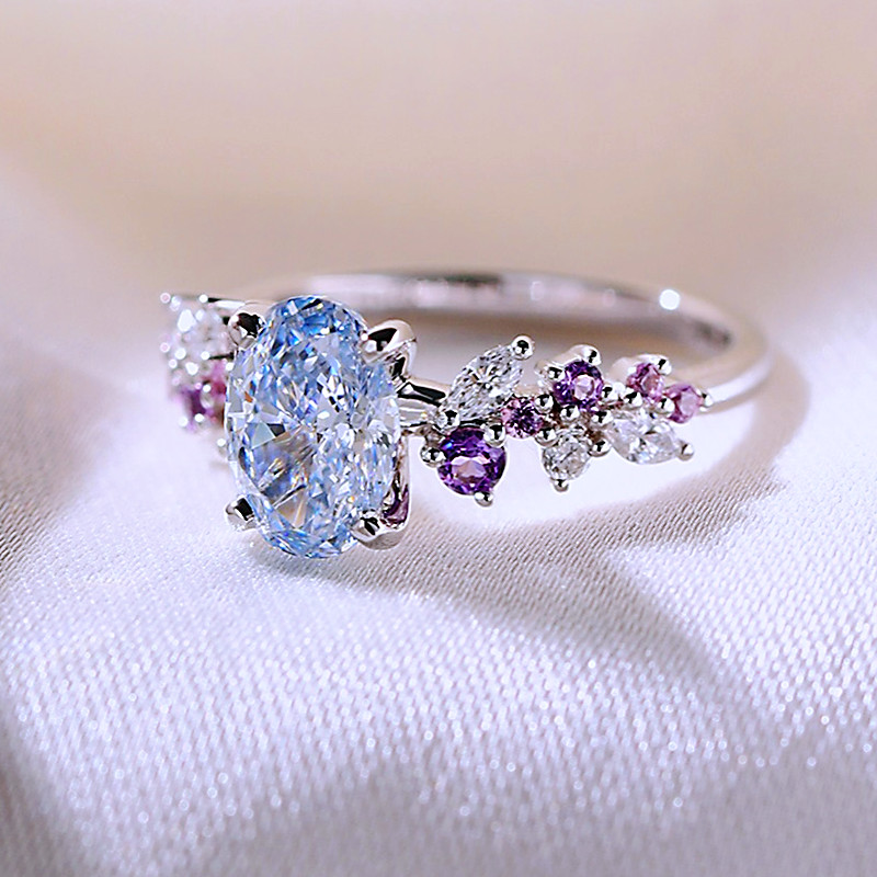 Oval Cut Aquamarine Blue Sterling Silver Art Deco Engagement Ring