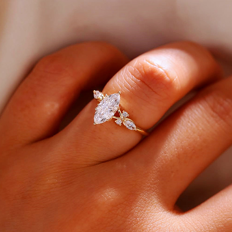 Marquise Cut Diamond White Yellow Gold Sterling Silver Art Deco Engagement Ring