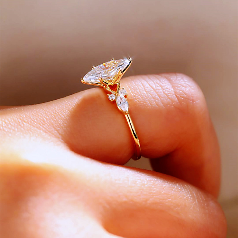 Marquise Cut Diamond White Yellow Gold Sterling Silver Art Deco Engagement Ring