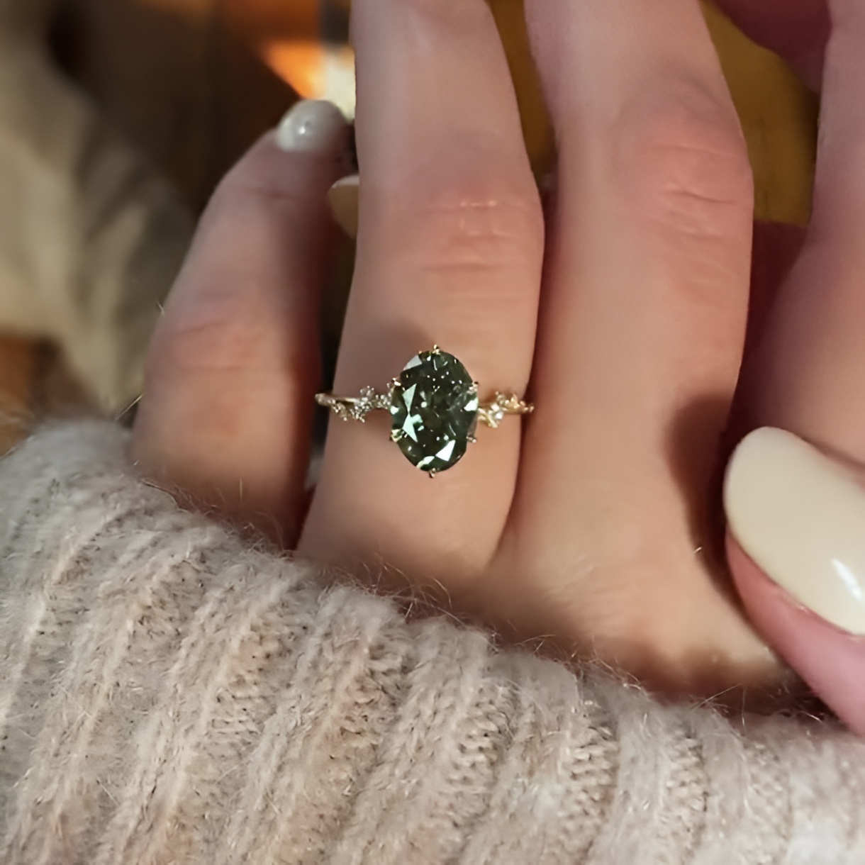 Oval Cut Peridot Green Yellow Gold Sterling Silver Art Deco Engagement Ring